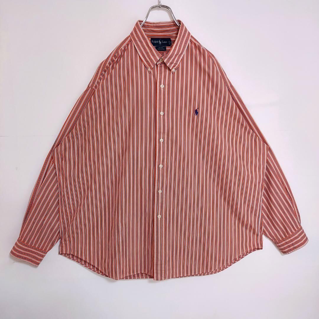 90s ラルフローレン BDストライプシャツ 刺繍ポニー 2XL レッド 赤 紺 