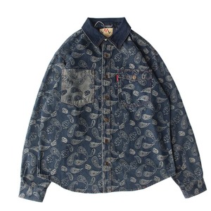 Paisley print denim long sleeve button front shirt 3colors 00213