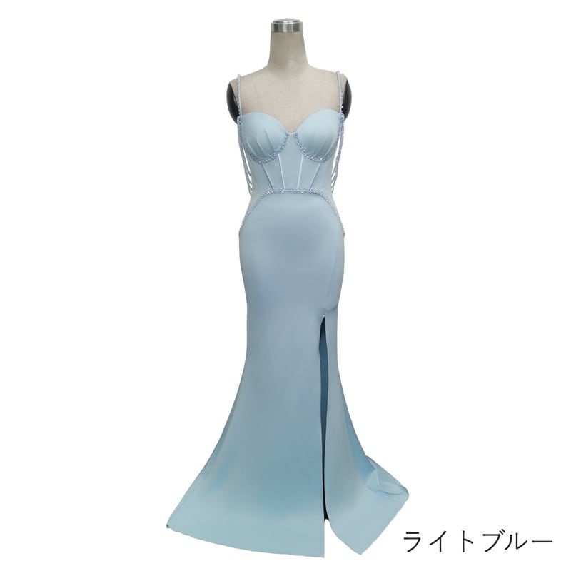 ライトブルー スリットドレス ビーズ装飾　ロング Lサイズあり【CLEO CLOE/ クレオ クロエ】 オケージョンドレス