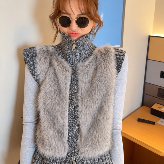 Fur knit zip vest　B1354