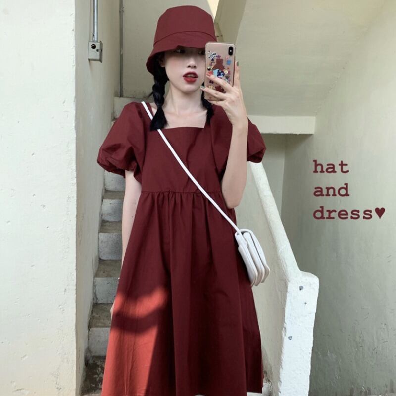 2020年夏ニューネットレッドスーパーファイアカレッジスタイルルーズドールドレス無地パフスリーブショートスカート帽子付き 1号婦人60813894985