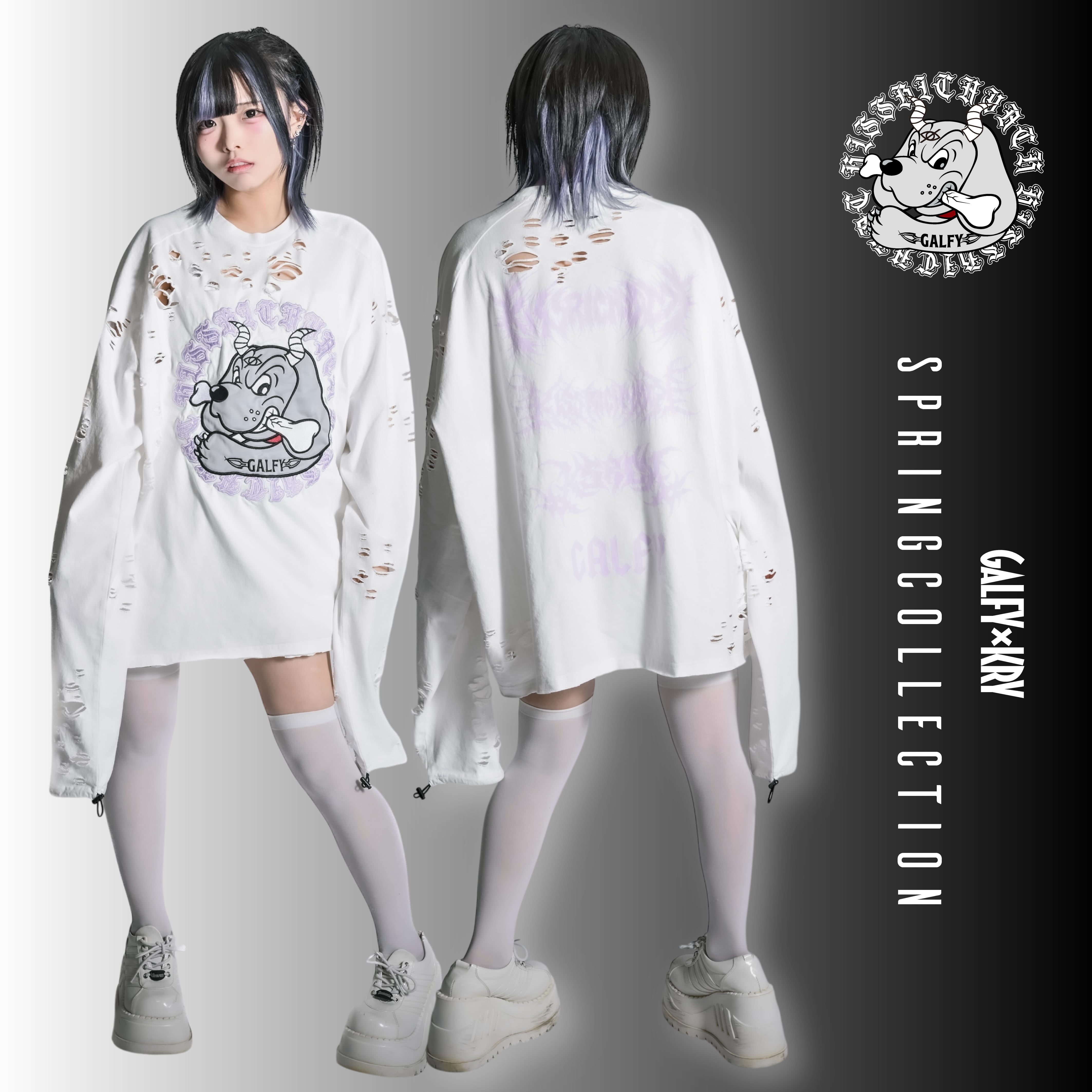 GALFY KRYコラボ♡「大萌袖ブリーチぼろぼろT」 ブラックホワイト 即納】「大萌袖ブリーチぼろぼろT」 | KRY clothing