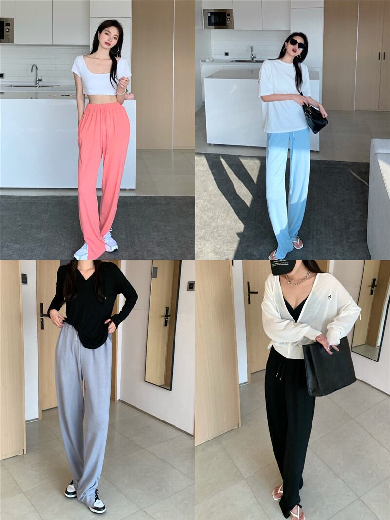 パンツ ルーズハイウェストウェストスリムサマー薄手ブラックワイドレッグ 夏物 ワイドパンツ ブラックストロベリース68285712262