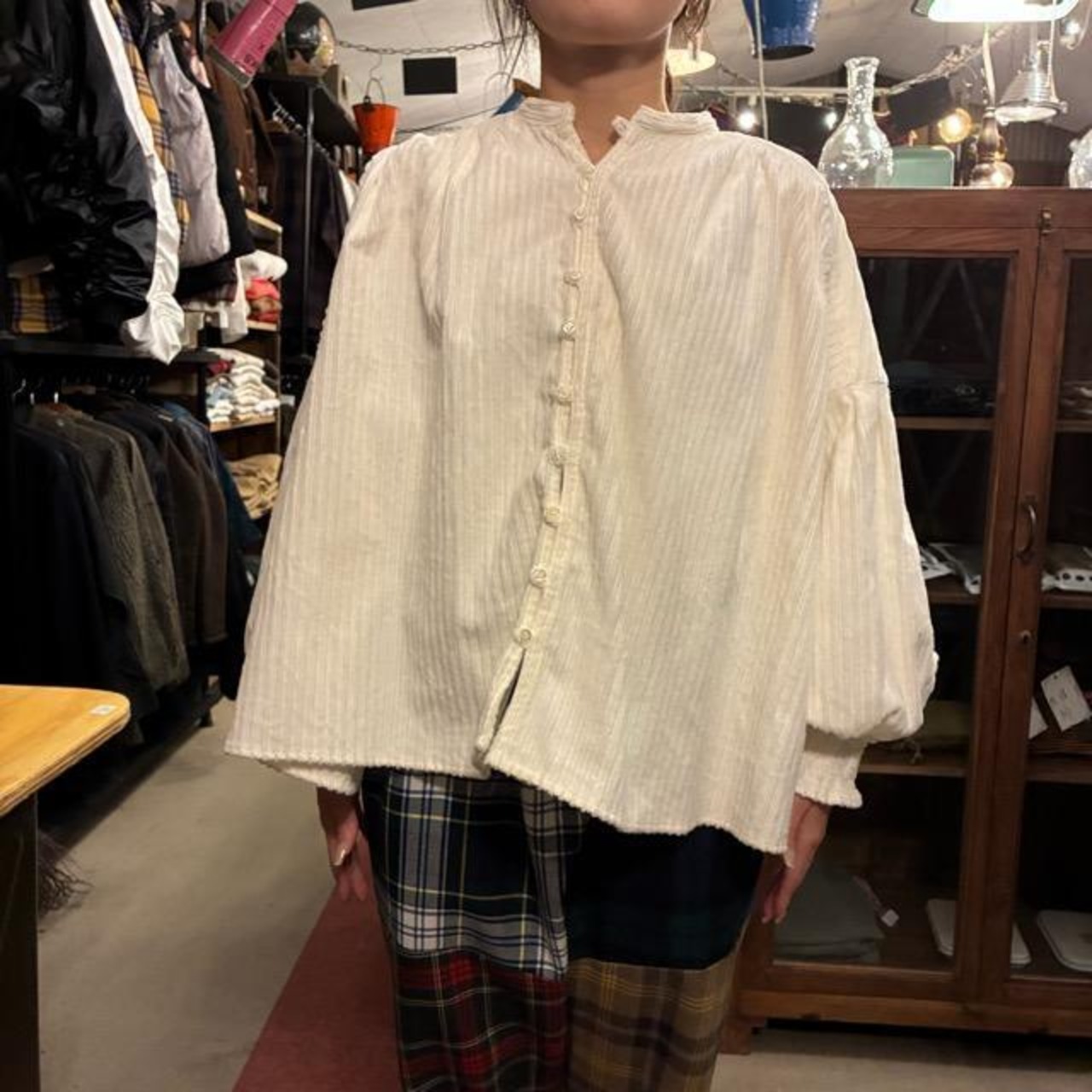 UNIVERSAL TISSU Parent-Child Corduroy Shirred Blouse, Off-White, Long Sleeve Blouse, Balloon Sleeves, Oversized