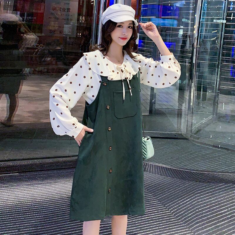 【新作】【送料無料】 マタニティウェア2020秋冬新水玉ラペルトップ+ミドル丈サスペンダースカートツーピースセット妊婦さん-アリババ オータム 秋物 ウィンター 冬物 expec23123191422