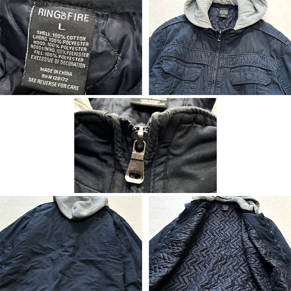 1点物◇フード付き紺ビンテージ加工ミリタリージャケット古着LメンズXL