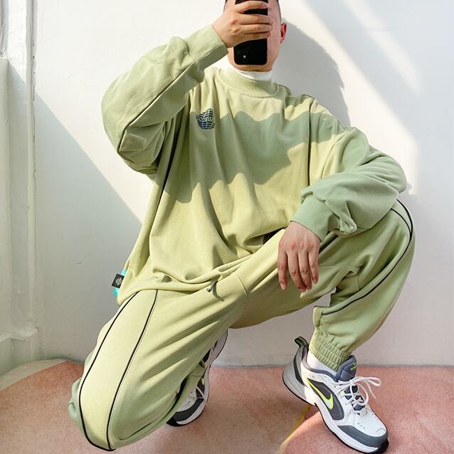 【予約販売】メンズ セットアップ 上下 長袖 スエット ライン グリーン/ブルー ルーズ 男前 スエット 韓国 パンツ セット ジム カジュアル 部屋着 リラックス ルームウエア 韓国 トレンド 大きいサイズ S/M/L/XL