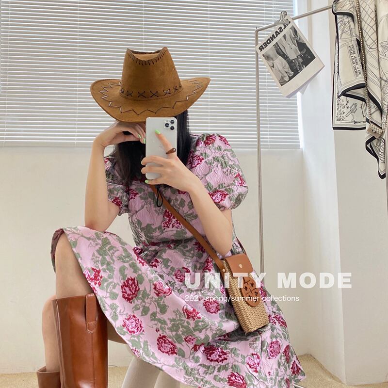 ジャカードスカート サマーハイウェストウェストルーズ薄手ラウンドネックスリーブドレス ランタンスリーブ 夏物 Oネック ビッグFスモールZ韓国38480653587