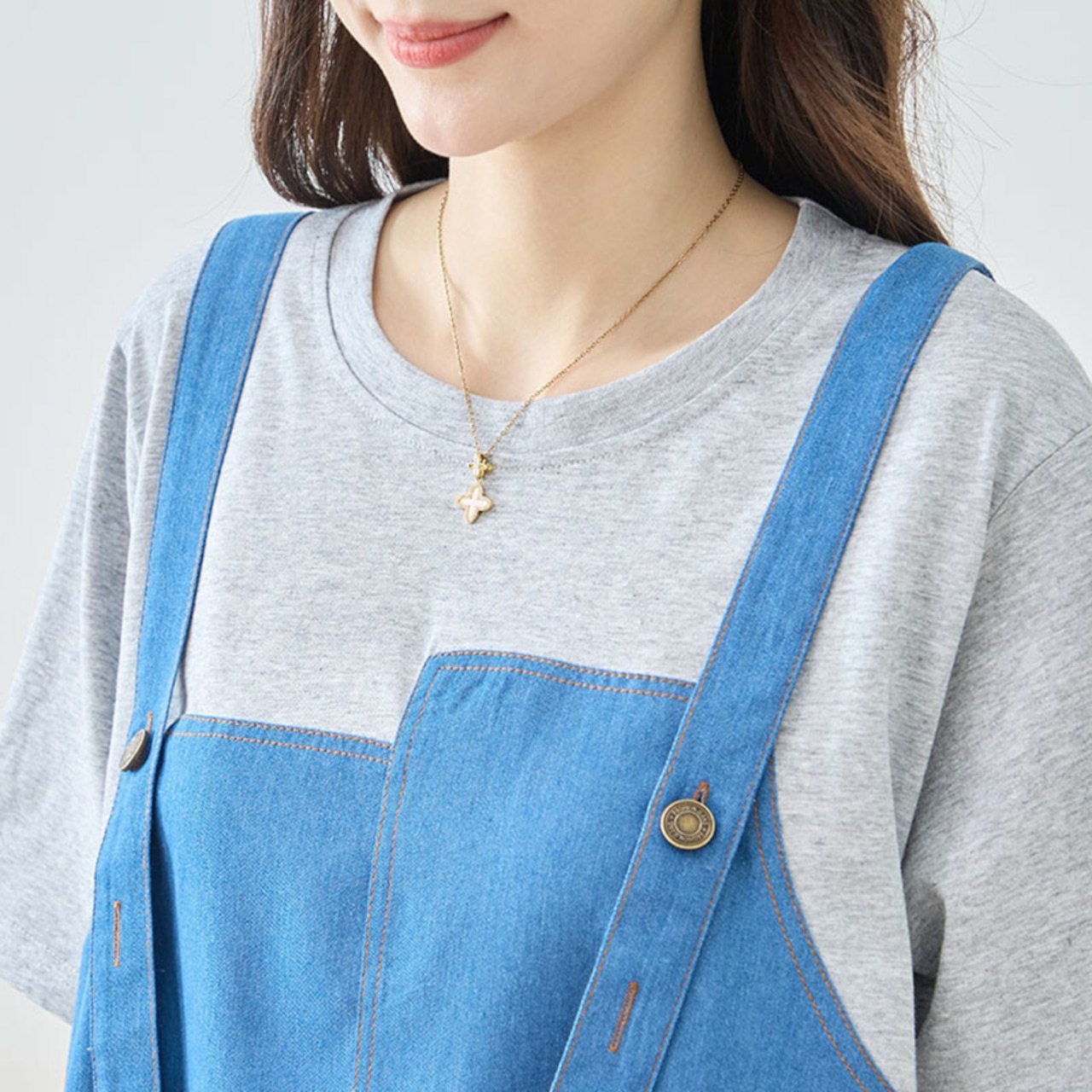 TRUBE デニム×ドット裾異素材切替サロペット風ドッキングワンピース【M~L】グレー