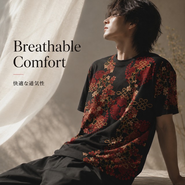 和紋様装飾　褐返月白色　和柄ヘビーウェイトコットンTシャツ