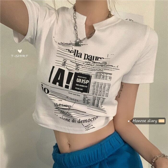 ホワイトVネックショートTシャツ サマークロップトップ トップス 夏物 モンロー25218789222