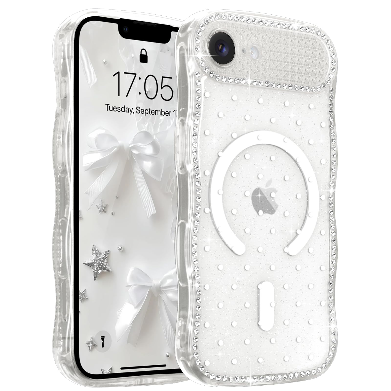 LCHULLE iPhone 17e/16e 用 ケース MagSafe対応 クリア キラキラ ウェーブ 水玉模様 ラインストーン 耐衝撃【ホワイト】