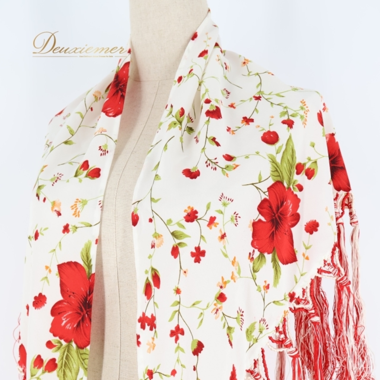 フラメンコ 衣装 シージョ トライアングル 三角形 フレコ 花柄 ハイビスカス 白 赤 フリンジ フレコ ホワイト系 レッド系 フラメンコ 衣装 ダンス衣装 コスチューム 花柄デザイン おしゃれ ハワイアンスタイル 軽量