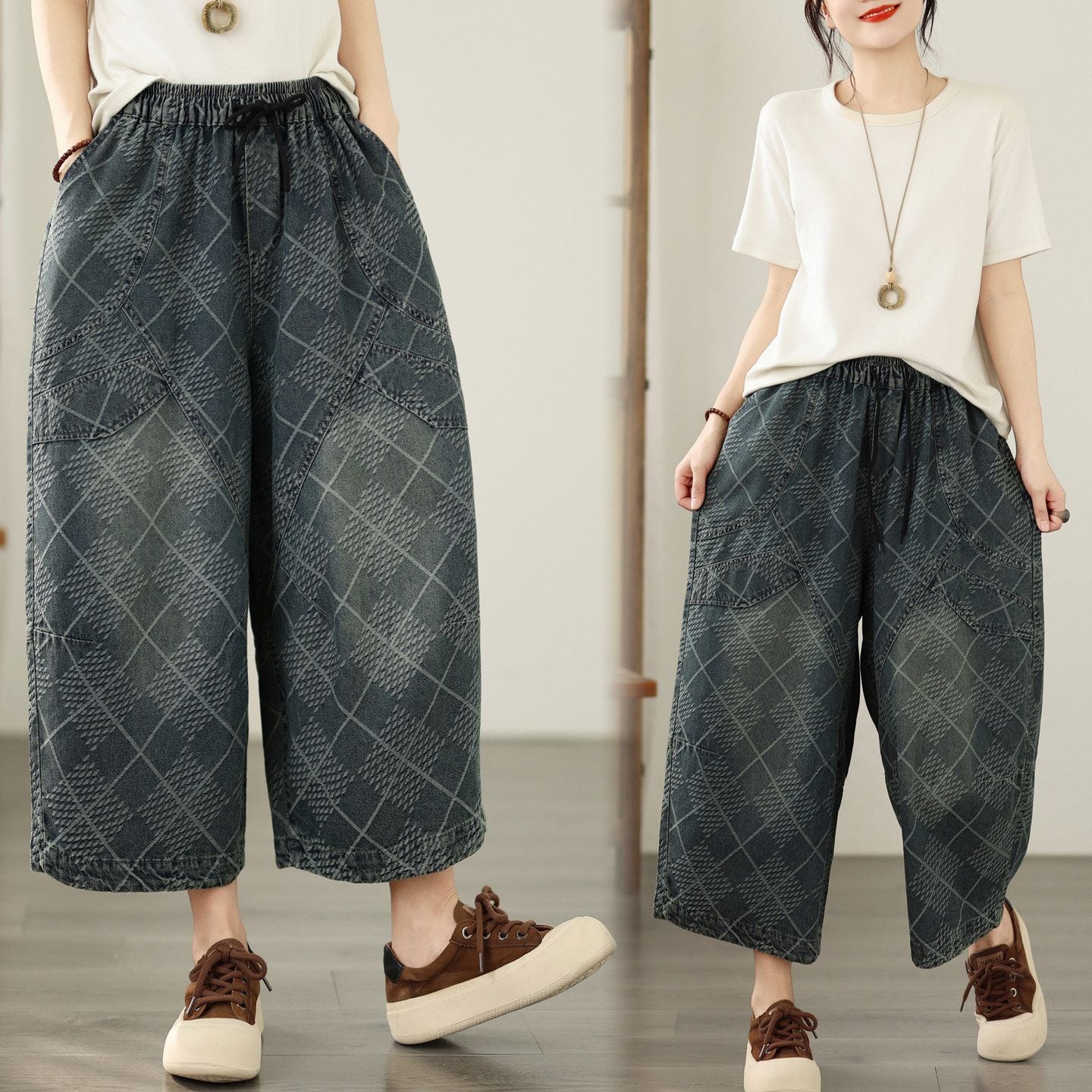 JACQUARD ELASTIC WAIST CROPPED DENIM PANTS M-17711