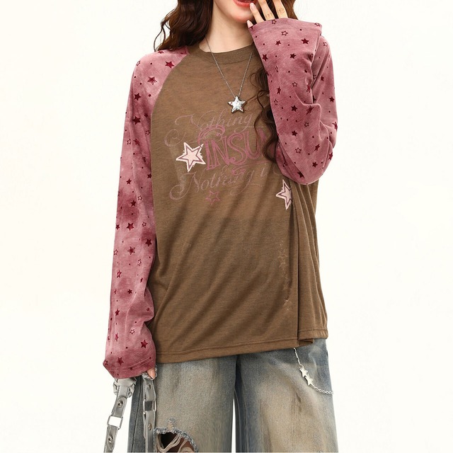 スターパターンラグランレタリングロングスリーブTシャツ 3col   R02418
