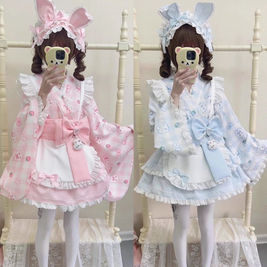 月うさぎの夢見るお茶会 フリルリボン和風エプロン甘ロリセットアップ