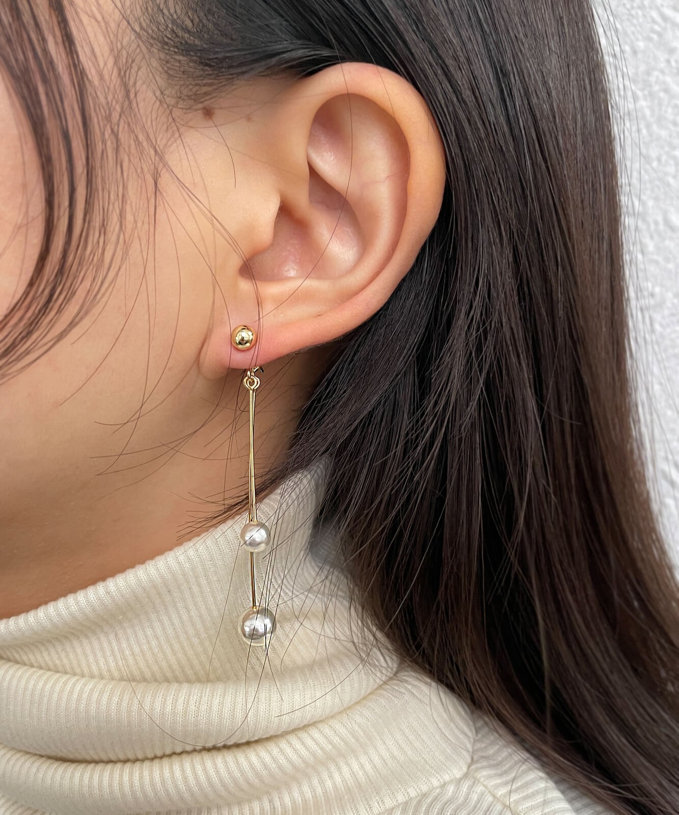 2連 チェーン パール ドロップピアス 真鍮 韓国製