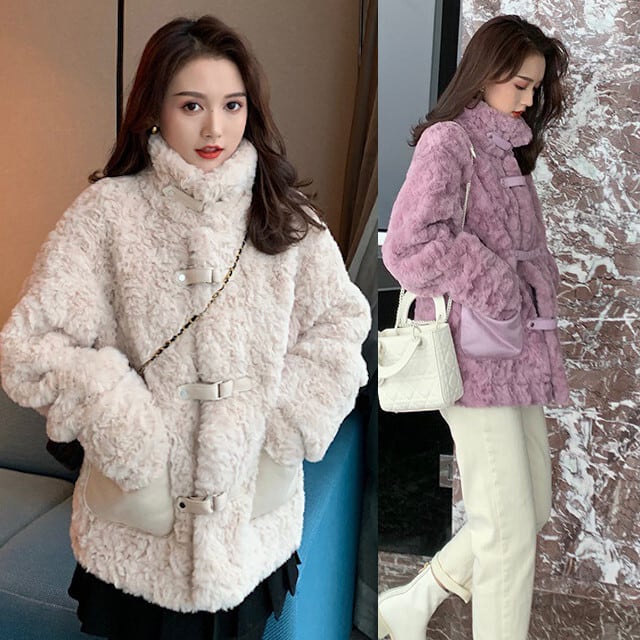 ファーコート レディース アウター もこもこ ショート丈 暖色 おしゃれ かわいい ベージュ/パープル XS/S/M/L