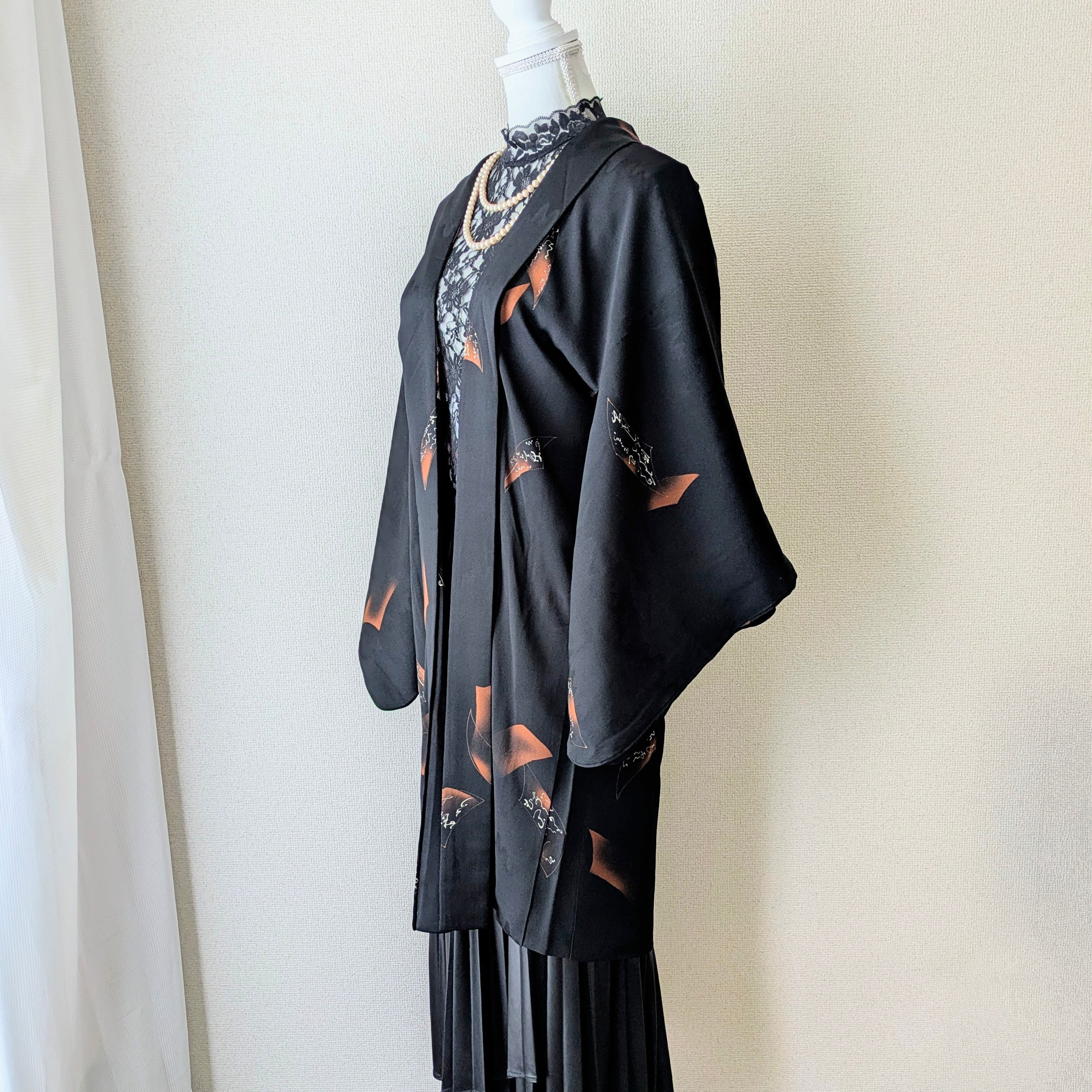 Vintage】HAORI 羽織 正絹 黒 百人一首柄 大正浪漫 古布 時代布 和洋