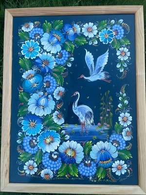 【夢見る鶴たち】ペトリキウカ塗り　壁掛け手描き絵画（ヴァレンティナ・ホメンコ）