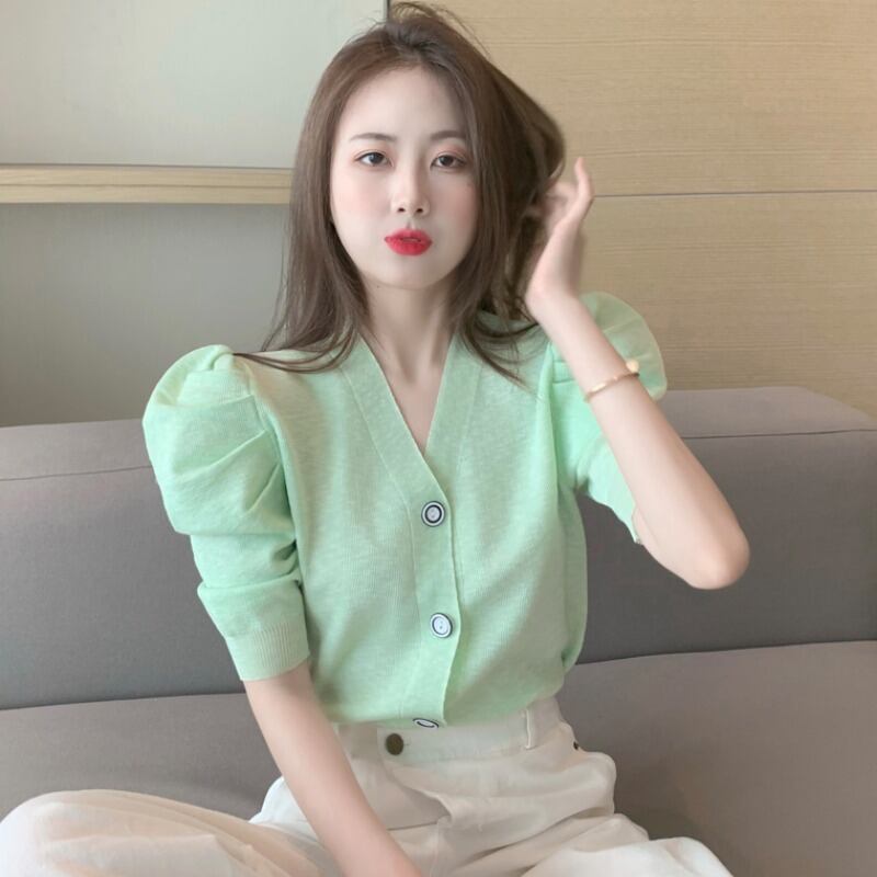 スリーブセーター レディースVネックショートカーディガントップス ハンチェンe29456373040