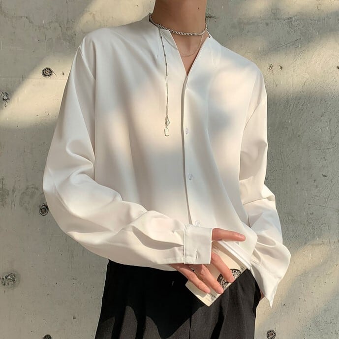 トップス シャツ 袖あり 長袖 Vネック 襟なし 前開き きれいめ