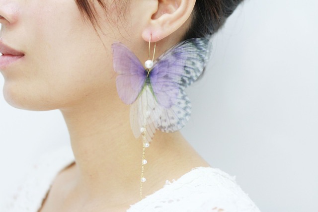 蝶ピアス(イヤリング変更可)Amethyst Fairy Dream Pearl Earring