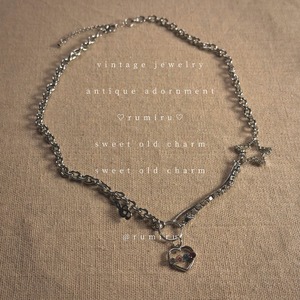 ハンドメイド レトロシルバー ハートチャーム スターアクセント ネックレス