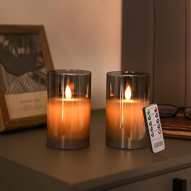 キャンドルホルダー青系硝子製（ステンドグラス）LEDキャンドルライ