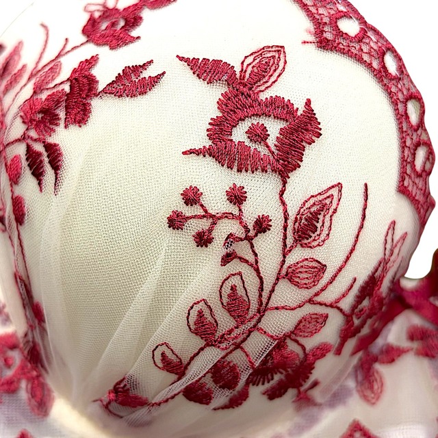 k-EF【76382レッド】花刺繍レースブラ＆ショーツセット