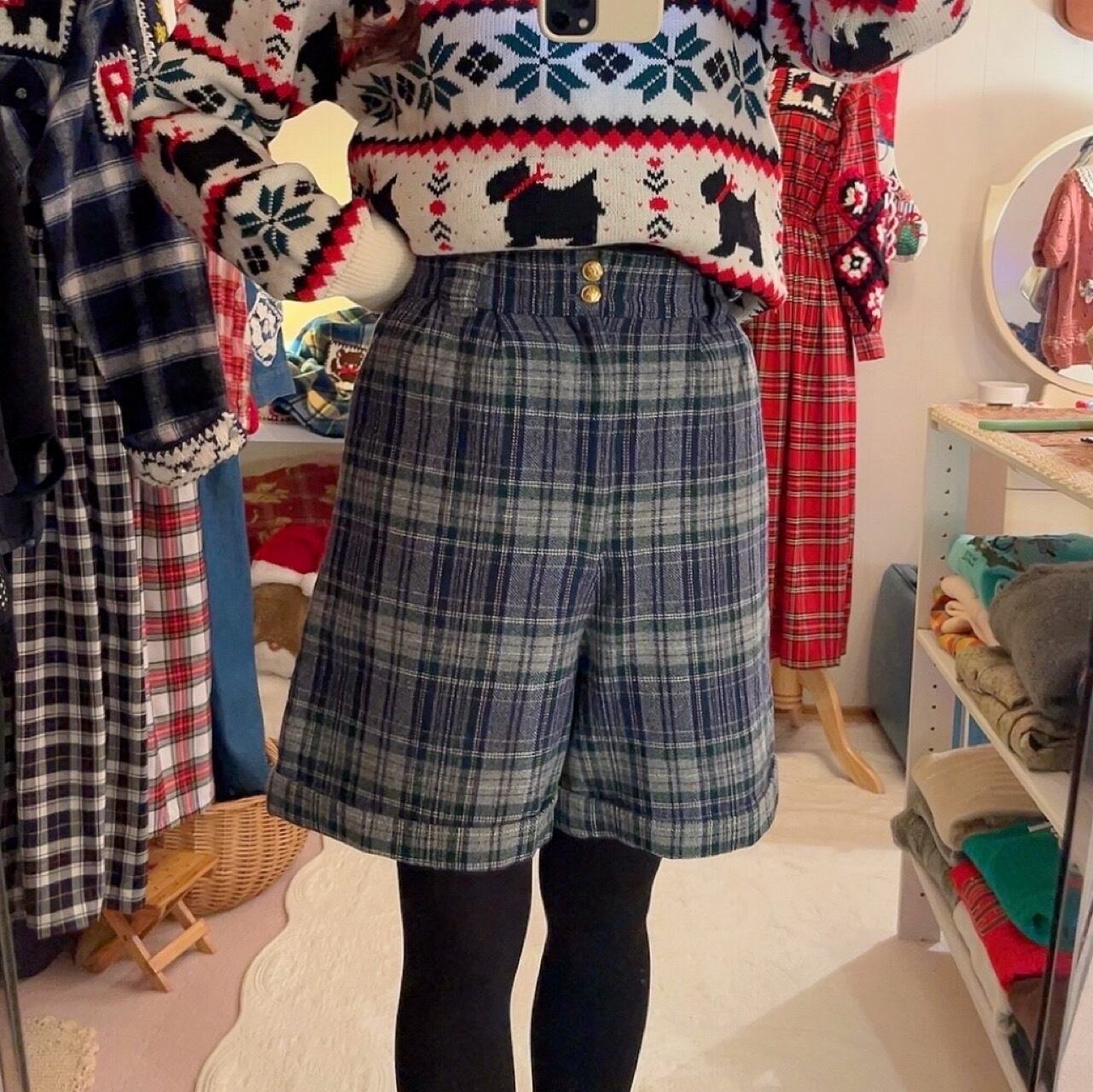 gold button blue check pants