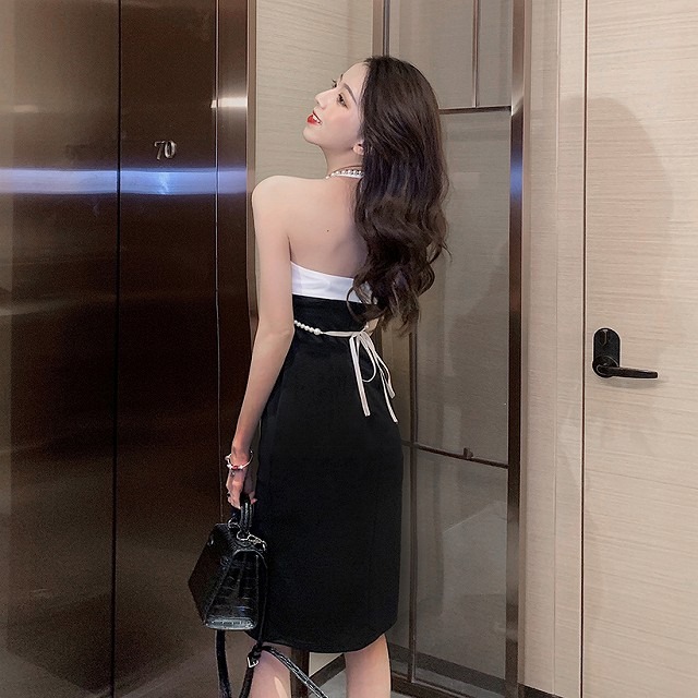 パーティードレス 代 30代 40代 50代 結婚式 ワンピース 大きいサイズ 膝丈 ホルターネック バイカラー 背中あき ウエストマーク 大人 ワンピの里