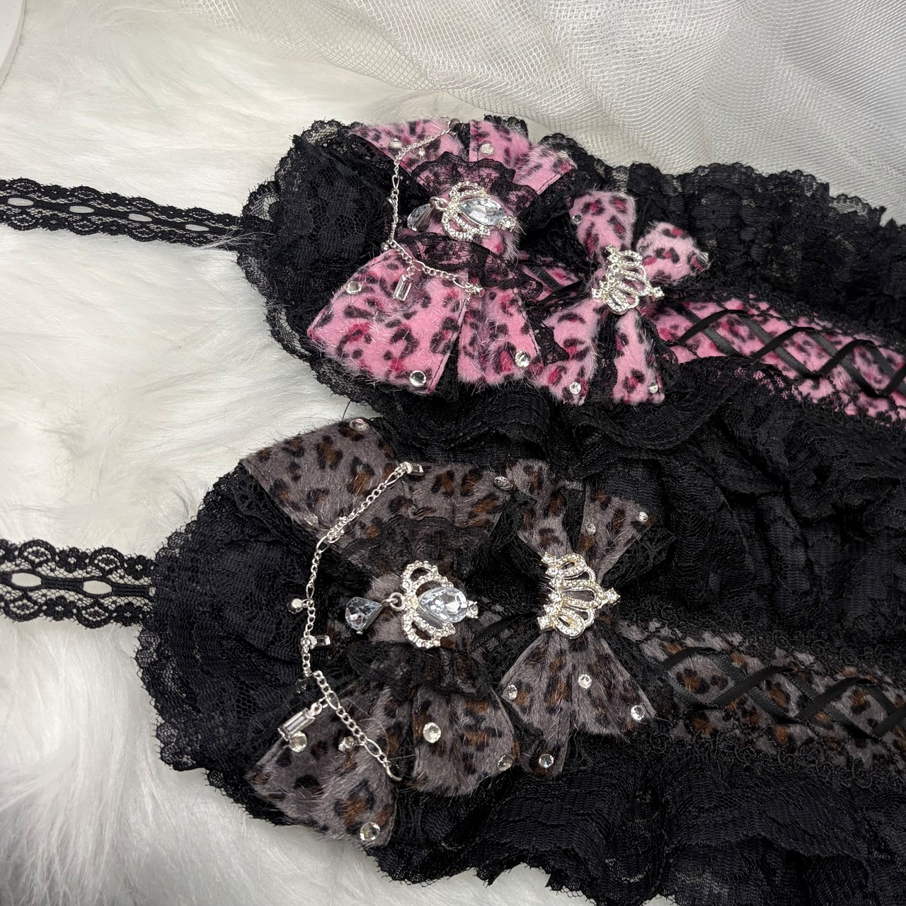 ♡【受注生産】No.9 姫ギャル 小悪魔レオパード ヒョウ柄 ビジューティアラ＆編み上げダブルリボン ブラックレースヘッドドレス dark gray ♡