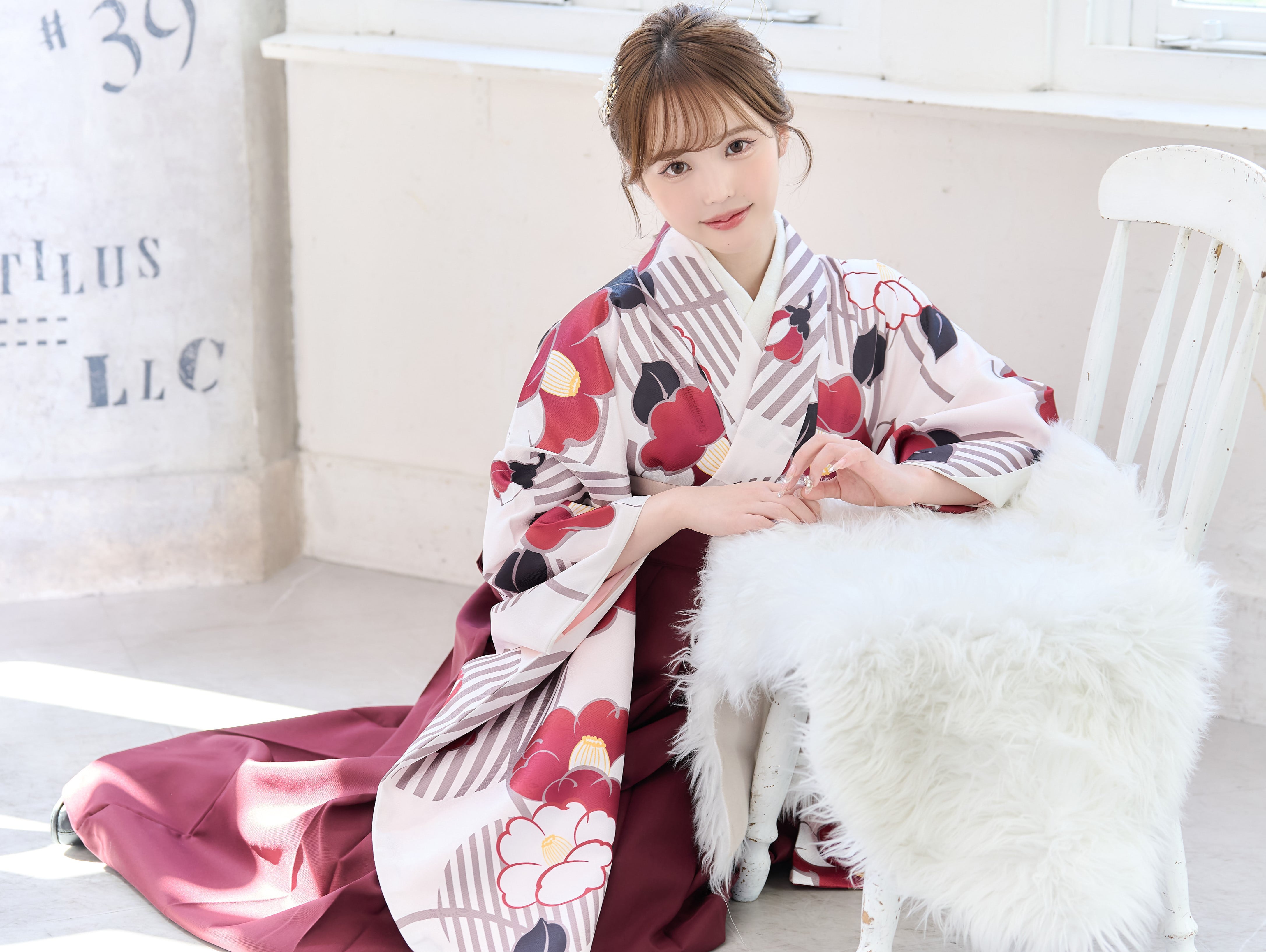 袴4点SET大正ロマン椿遊び(ストライプ)卒業式用袴⑧-EJ/BR/BK
