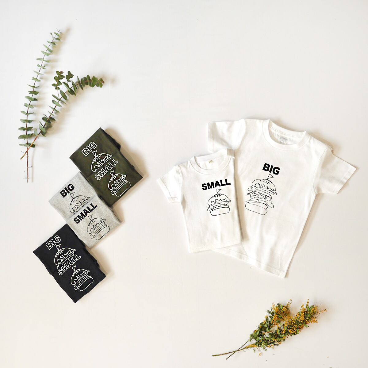 キッズおそろいTシャツ2枚セット /ハンバ ーガー SMALL×BIG プリント