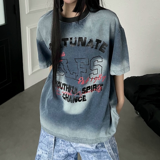 グラデーションウォッシュレタープリントデニムTシャツ 1col R02535