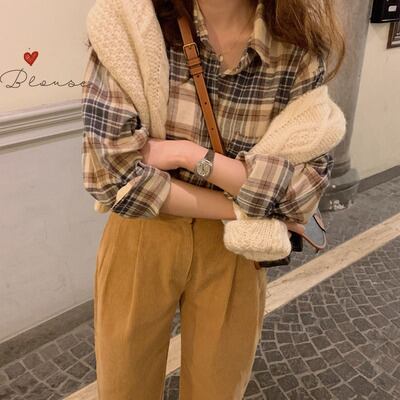 ヘンプ柄プルオーバーラウンドネックセーターレディース2020年初秋新作ルーズレトロシャツ+チェック柄シャツイン クレセントシティ22291307772