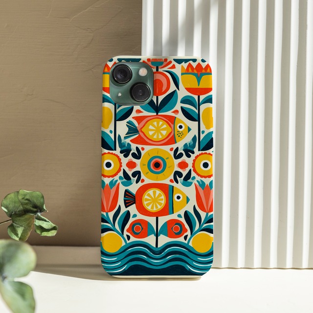 受注生産 iPhoneケース 太陽と波のカラフル民芸柄｜フォークアート PSYF047B