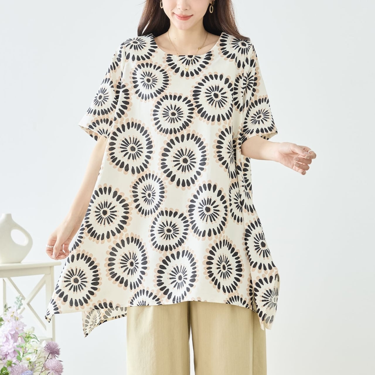 新作][TRUBE]サークルフラワープリントTシャツ チュニック 半袖