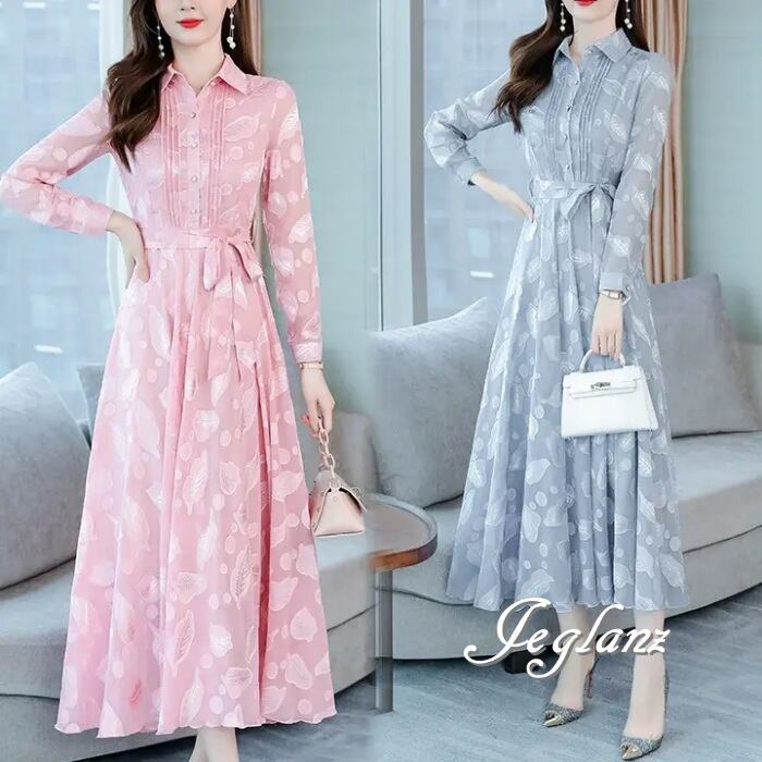 4色 レース 刺繍 リーフ シャツ ワンピース 長袖 共ベルト 韓国(MA942)ζ