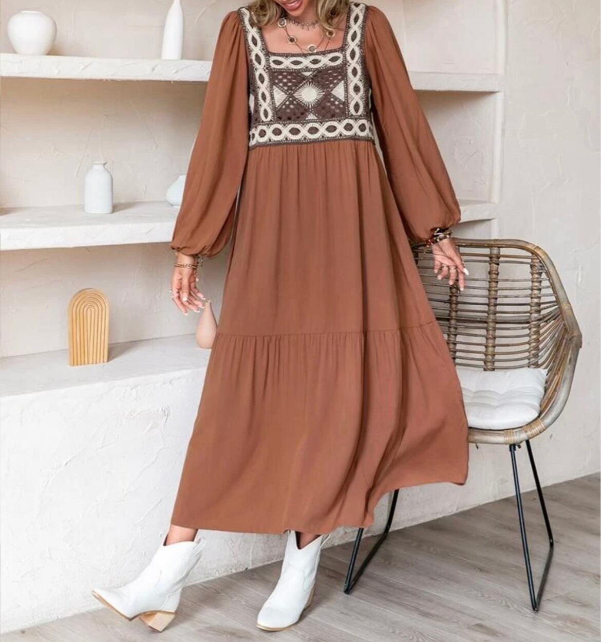 人気】Terracotta Crochet Bohemian Dress クロシェ編み テラコッタ