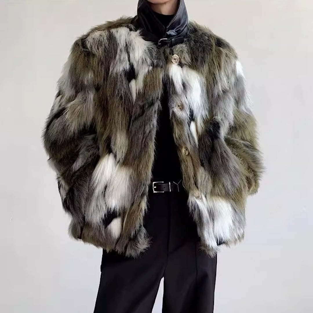 パッチワークデザイン フェイクファーコート D12124