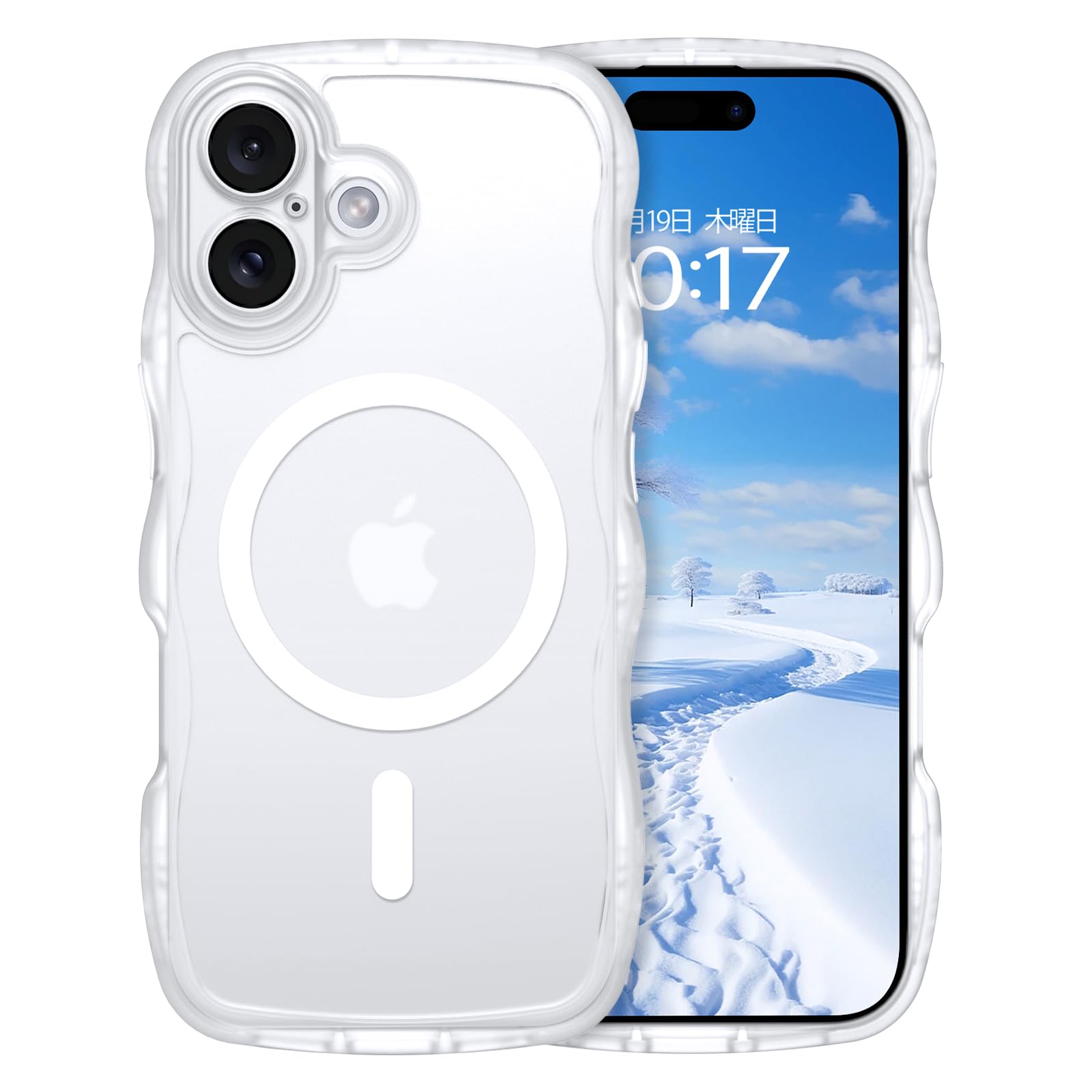 GUAGUA iPhone16 クリア ウェーブ ケース Magsafe対応 いphone 16 ソフトうねうね 透明 マツと感 かわいい 人気 韓国 耐衝撃 おしゃれ 黄ばみなし 米軍規格 耐衝撃 マグセーフ リング マグネット 滑り止め なみなみ アイフォン 16用カバー(白い)