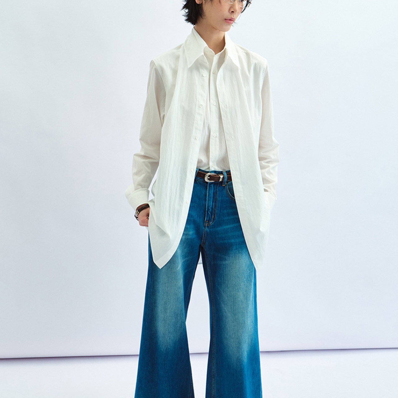 Layered Design Sheer Long Shirt T0760