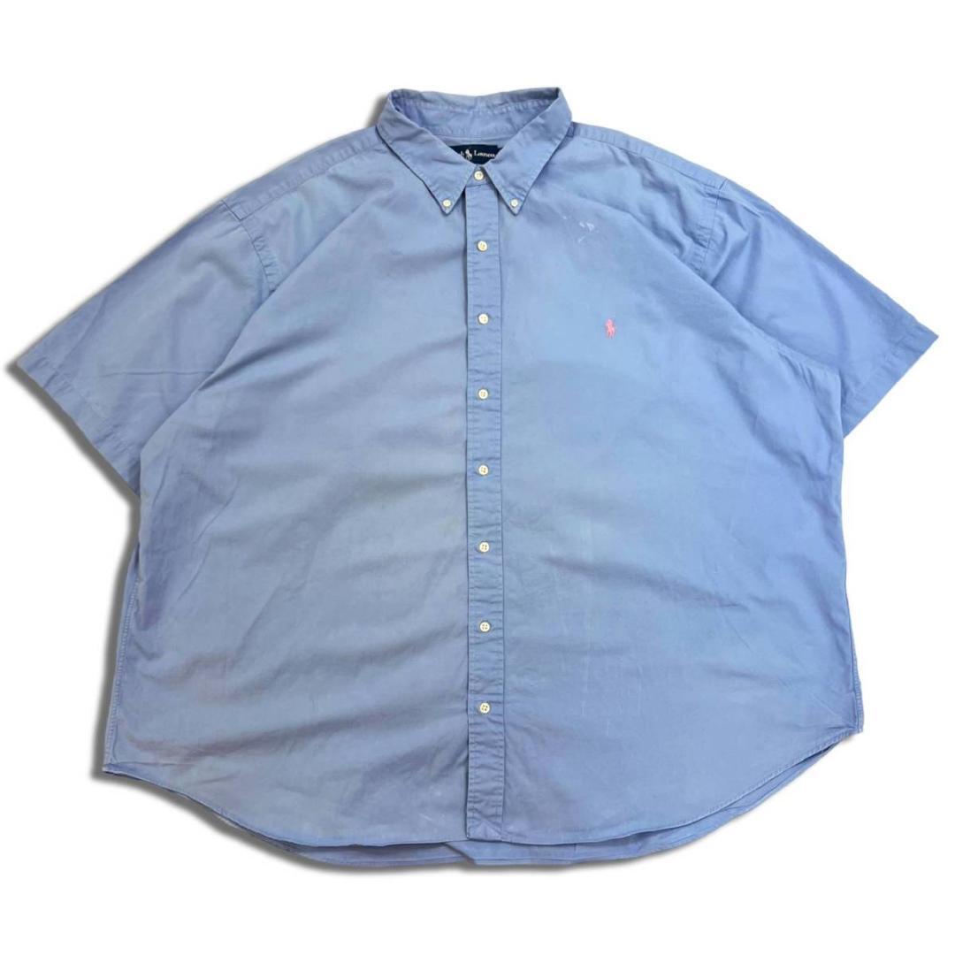 90s ポロ ラルフローレン オックスフォード 半袖シャツ 3XB ブルー ボタンダウンシャツ POLO Ralph Laure 無地シャツ  ビッグサイズ 古着 ビッグシャツ オーバーサイズ