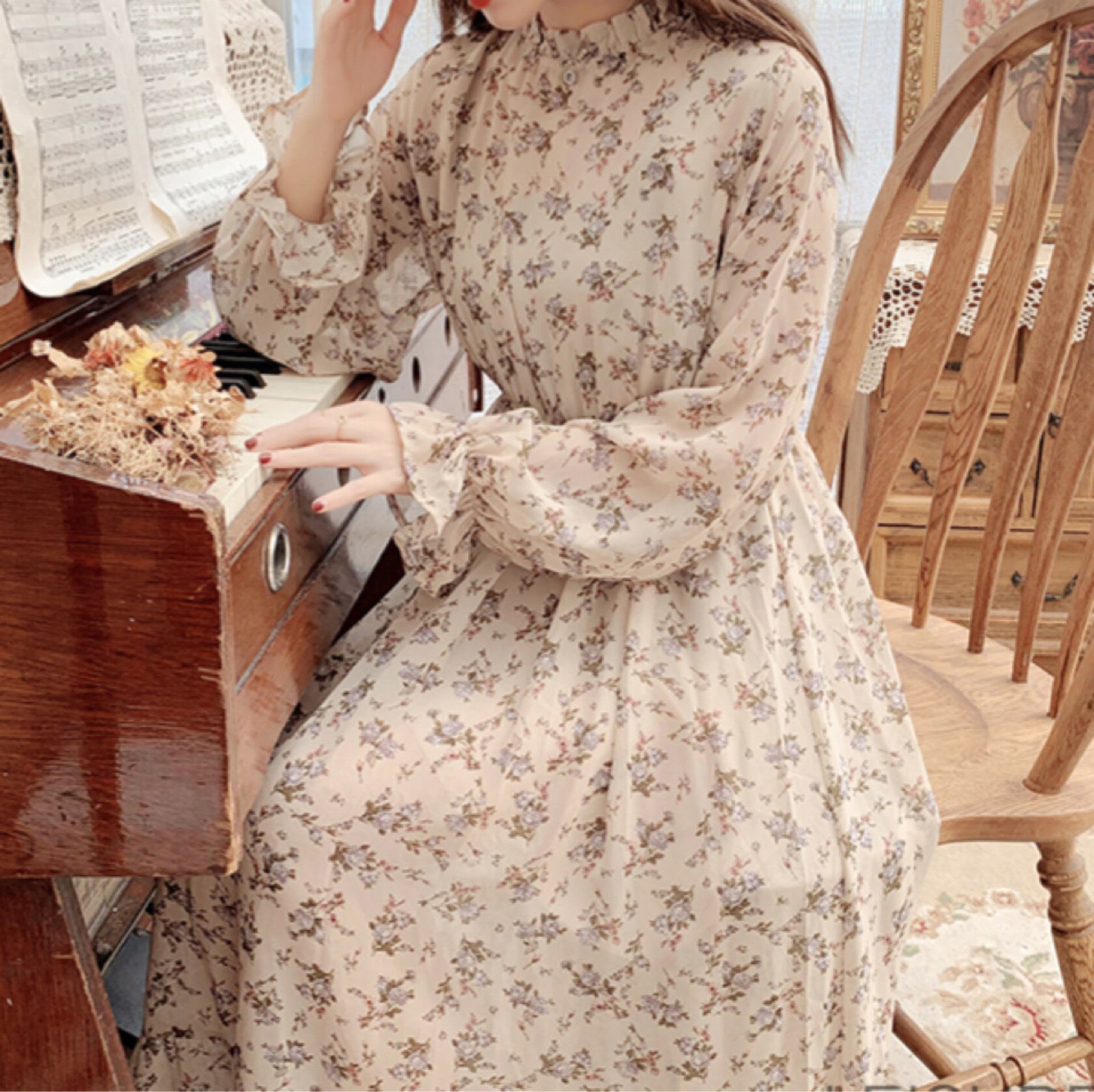 Aスタンドカラーフリルシフォンワンピース 花柄 妖精 フローラルワンピース F D F Fee Des Fleurs フェデフルール