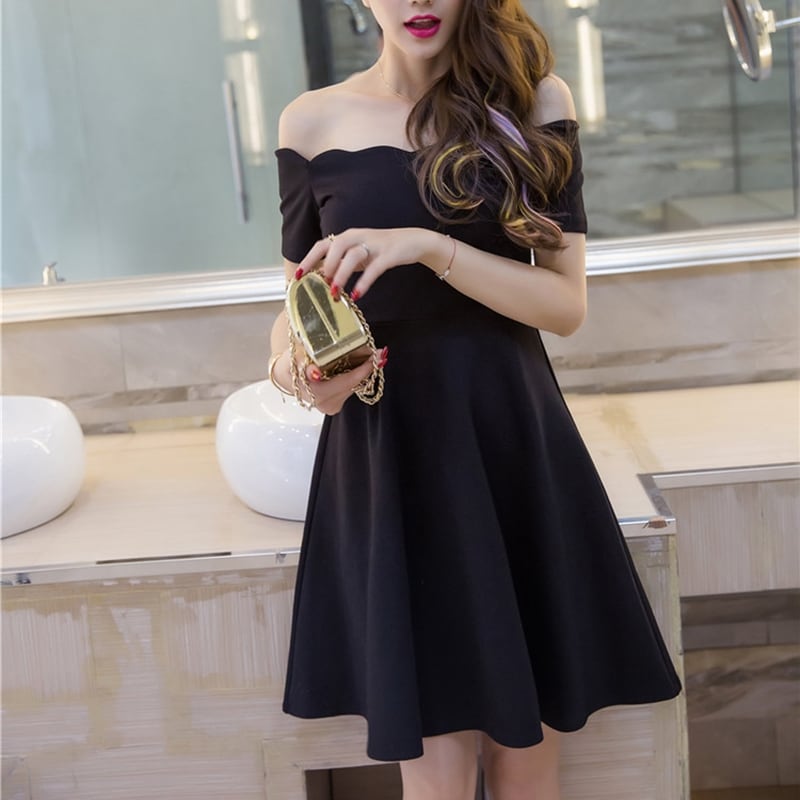 オフショルダー フレア スカラップ ミニ丈ワンピース