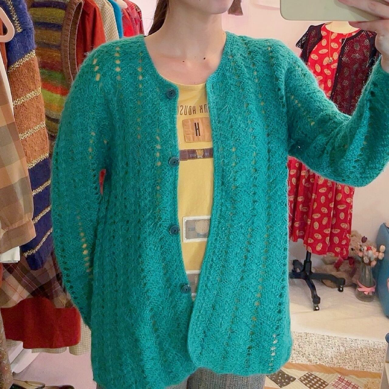 green crochet knit cardigan