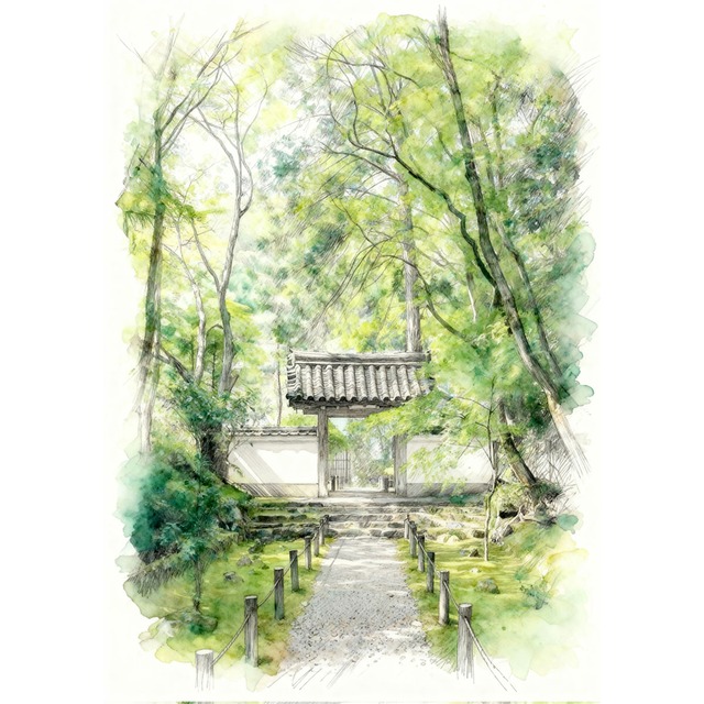 絵画 日本 京都府 竹の寺 地蔵院 風景画 インテリアアート額付き 水彩画・油絵風 WAT0180