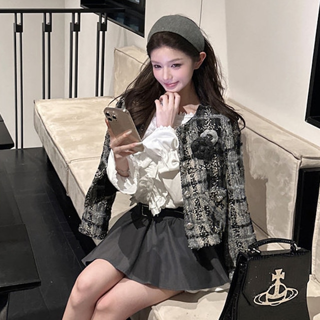 アウター ジャケット ツイード 長袖 チェック柄 シティガールファッション グレー S M